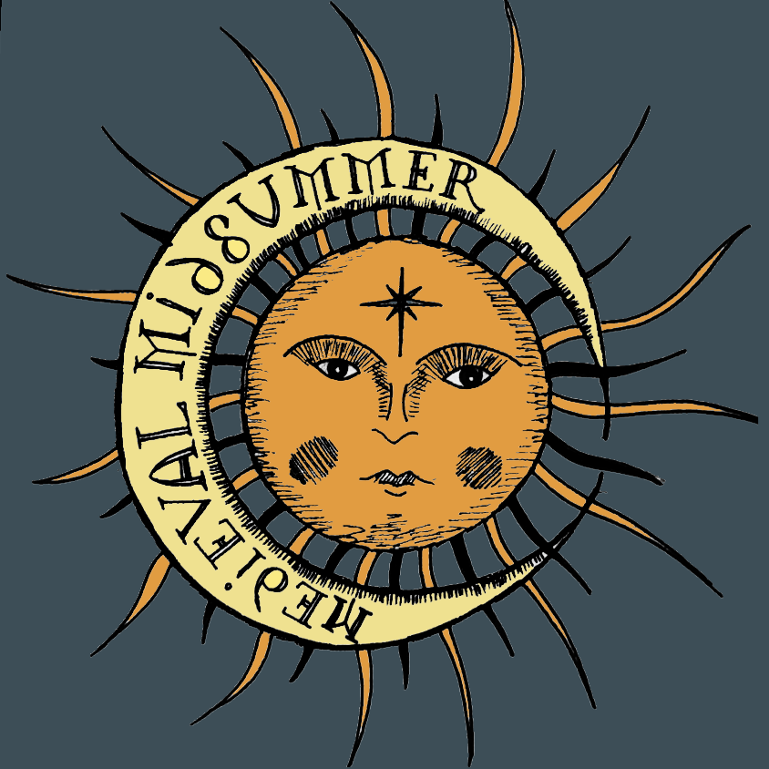 Illustration of a sun with the words Medieval Midsummer surrounding it